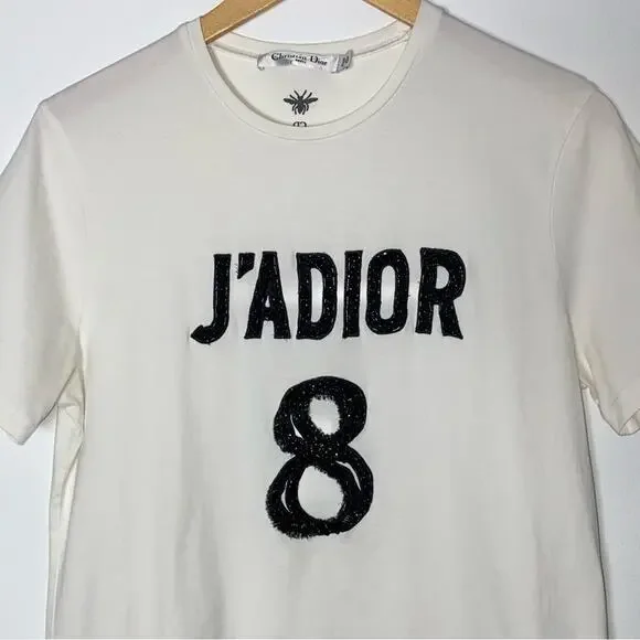 L AUTH Christian Dior Linen J'adior 8 Embellished Logo White Tee